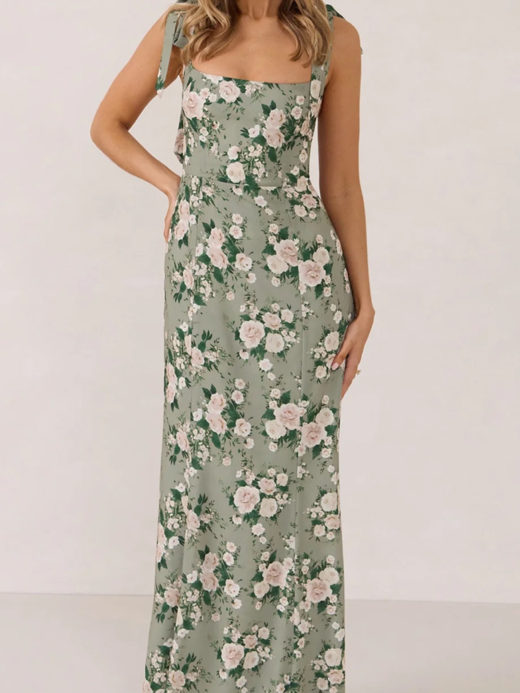 Floral Tie-Strap Maxi Dress In Sage Green
